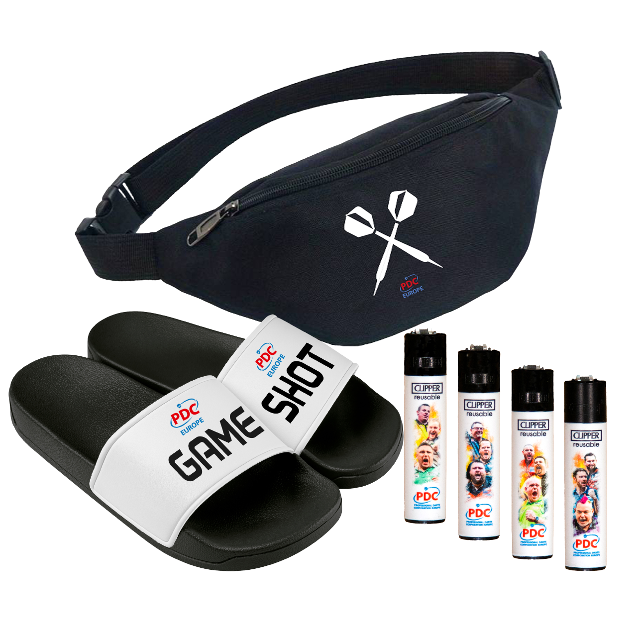 PDC - Summer Starterpack #2 - 4er Feuerzeug Set  + Bauchtasche + GAME SHOT Latschen